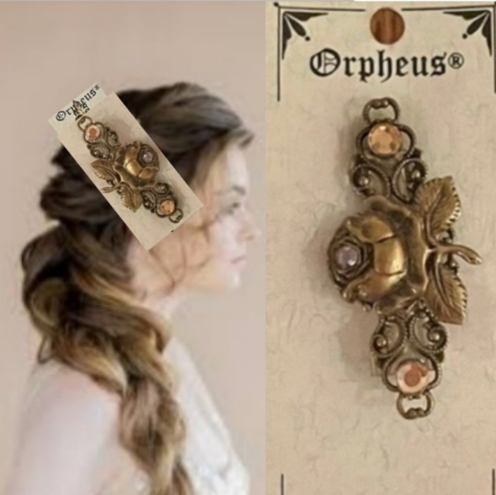 Hair Barrette Floral Jewelry Pin Romantic Rose Antique Gold Vintage Reproduction